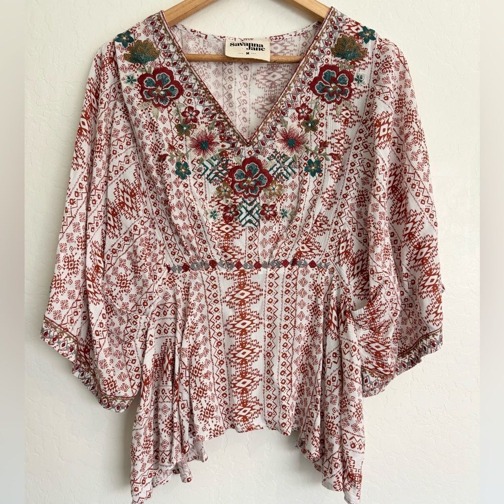 Savanna Jane Boho Southwest Western Embroidered Floral Top Rust